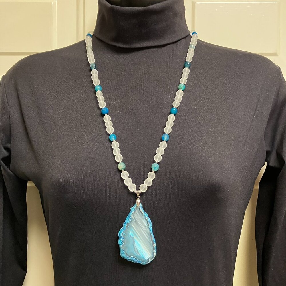 Agate Necklace BLUE Raw Edge Gemstone Slice 2.5 inch + 26 in beaded chain